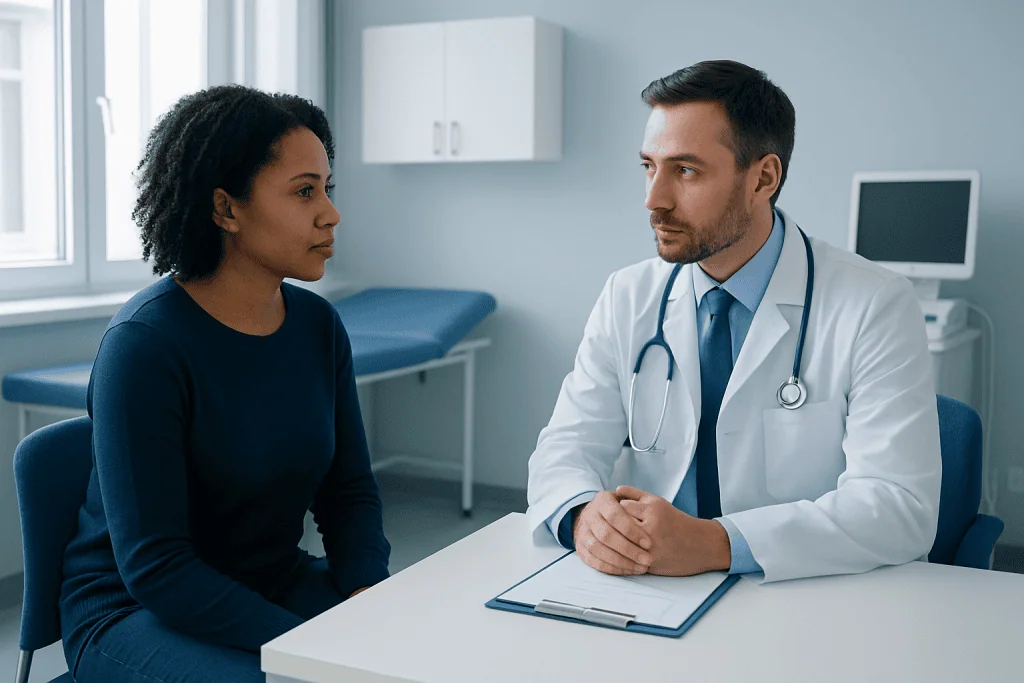 Doctor consulting with a patient in a medical office setting.