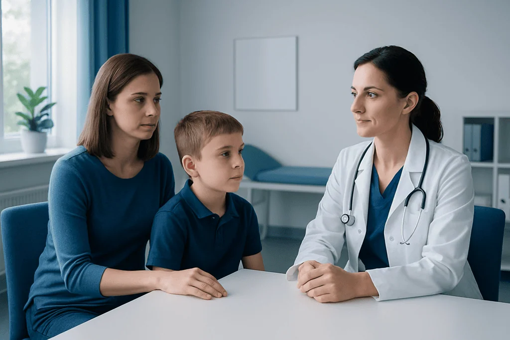 Doctor consulting with a mother and child in a medical office.