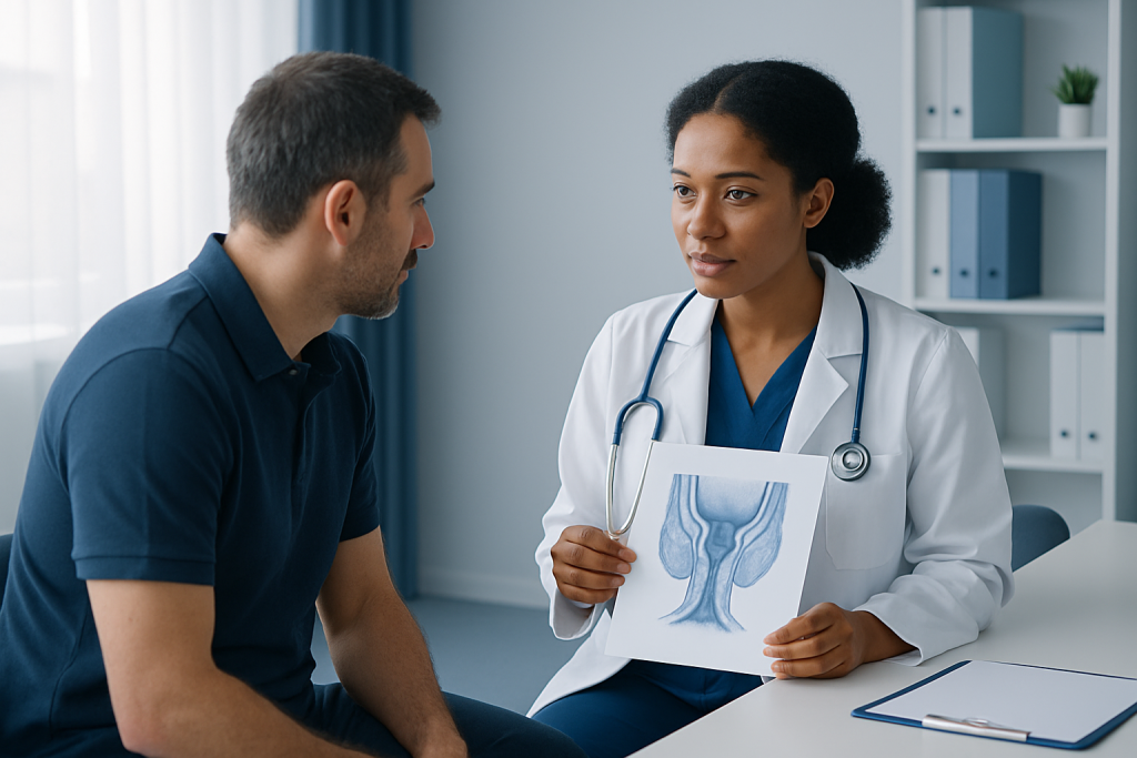 Doctor explaining anal cancer diagnosis to patient with medical diagram.