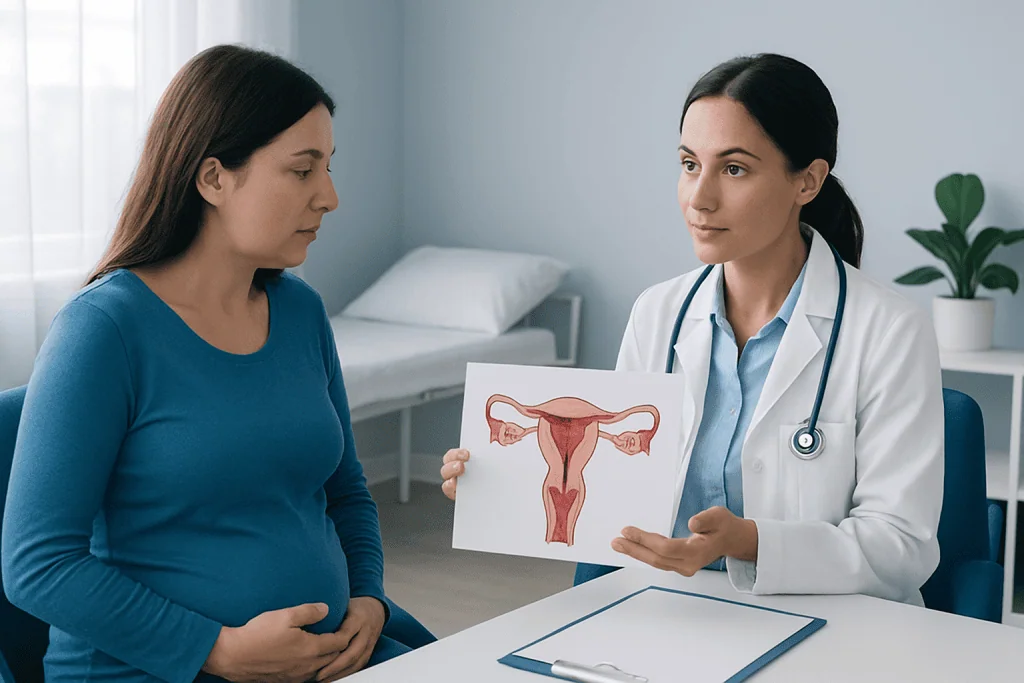 Doctor explaining uterine anatomy to pregnant woman in consultation room.