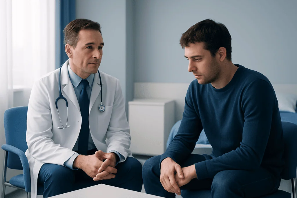 Doctor consulting with a young male patient in a medical office.