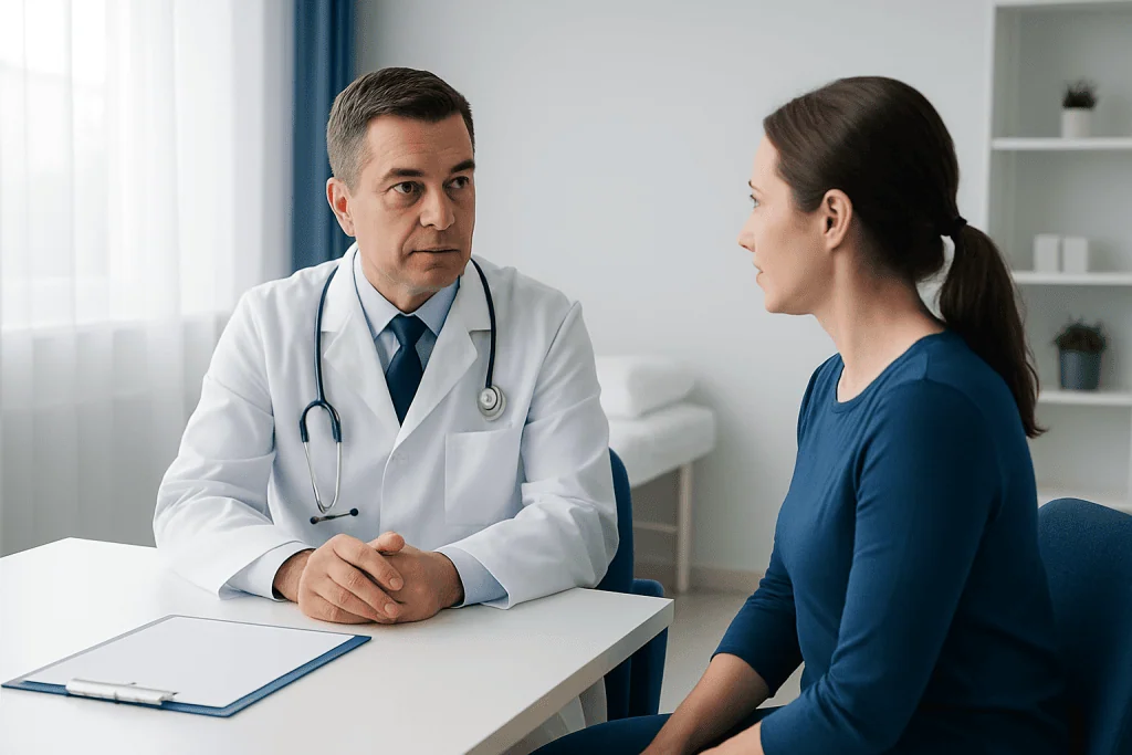 Doctor consulting with a female patient in a medical office.