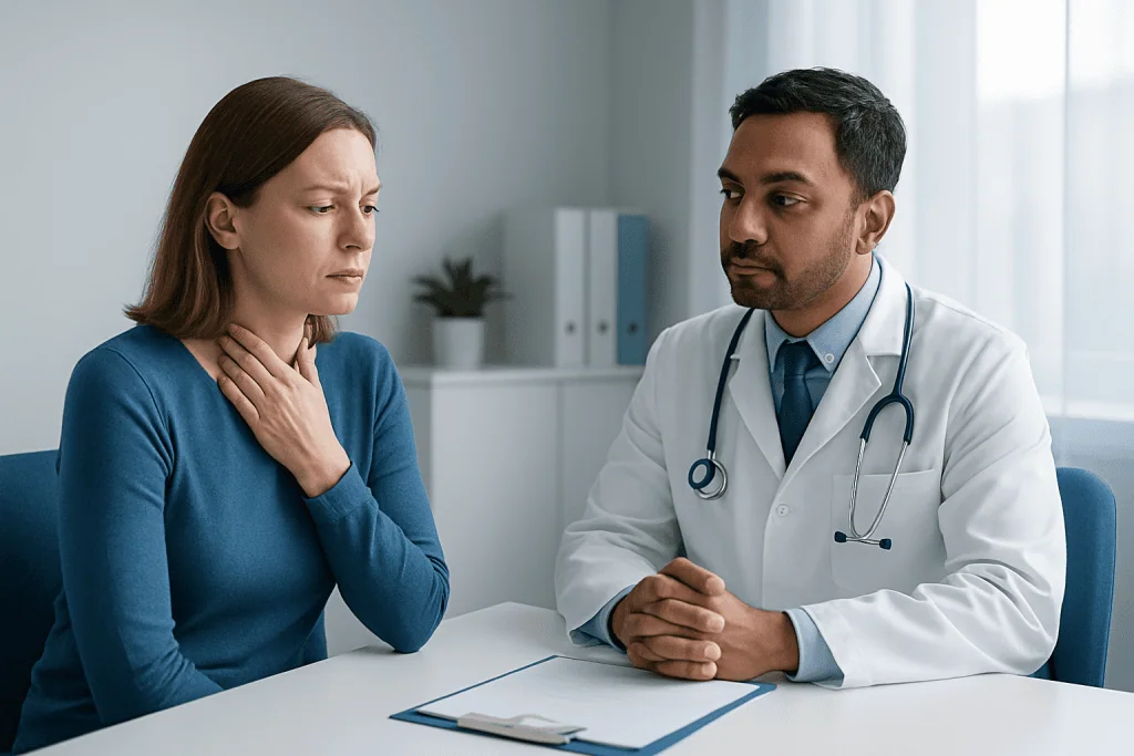 Doctor consulting with a woman about choking symptoms in a medical office.