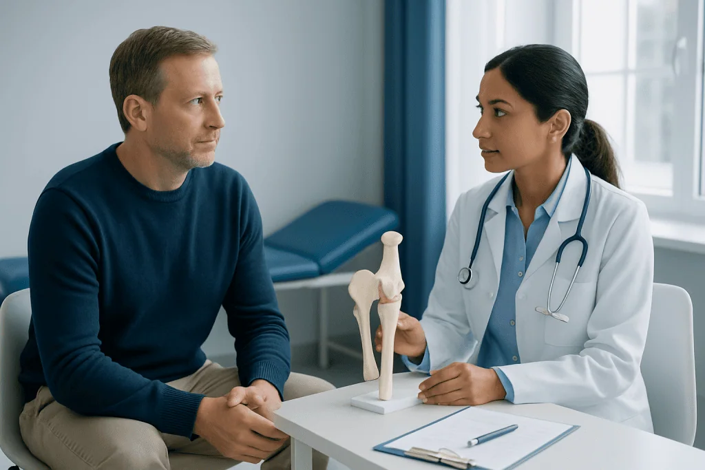 Doctor explaining hip joint condition to patient in consultation room.