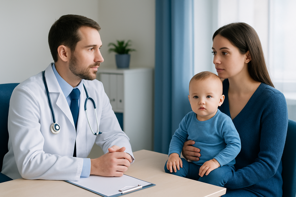 Pediatric consultation at Acibadem Hospital with doctor and mother.