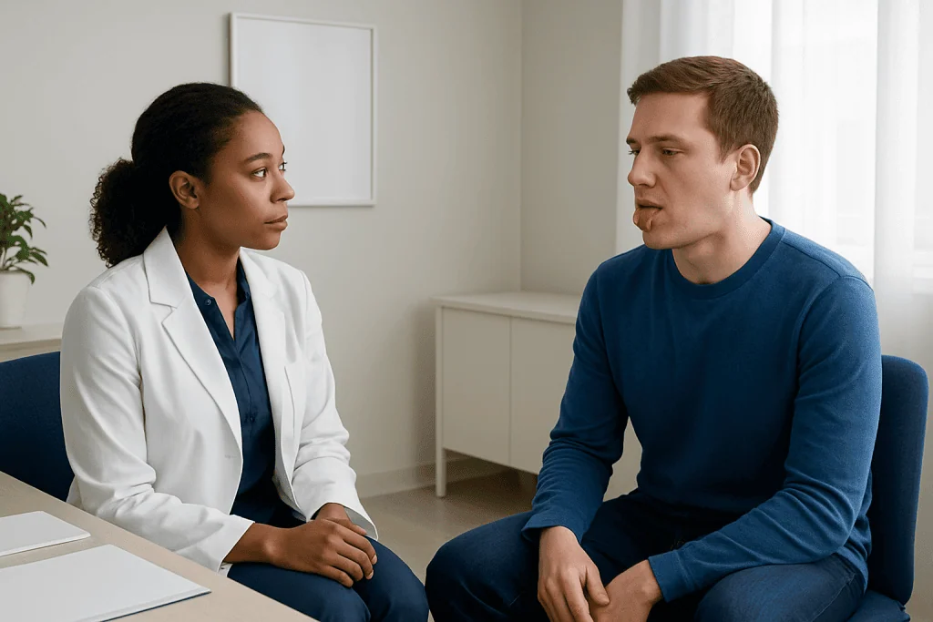 Doctor consulting with a patient about tongue thrust issues in a clinical setting.