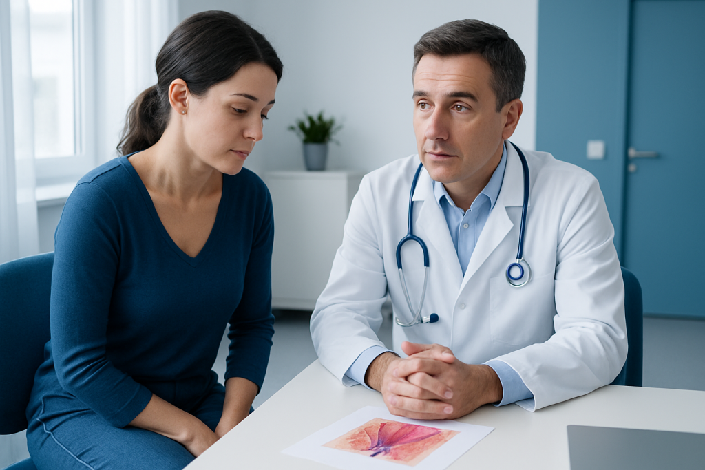 Doctor consulting with a female patient in a medical office.