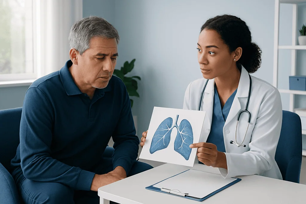 Doctor explaining lung health to patient with lung diagram.