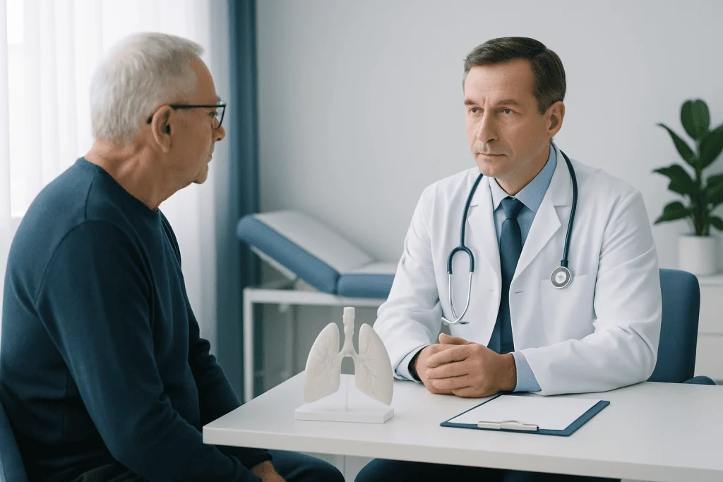 Doctor consulting with elderly patient about lung health in clinic.