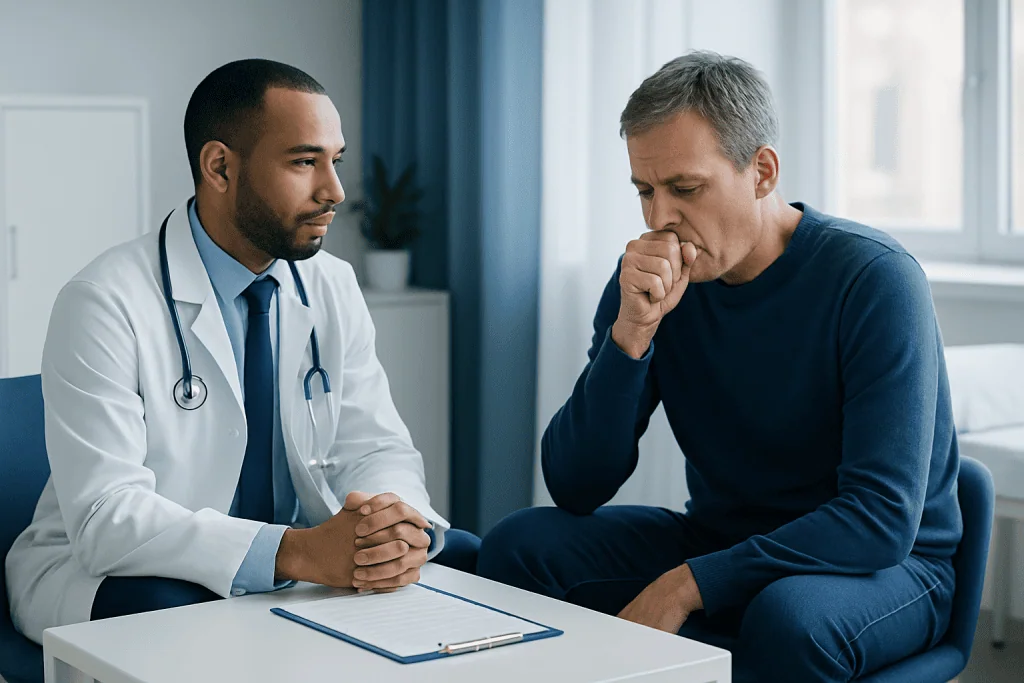 Doctor consulting with a patient about respiratory health in a clinic setting.