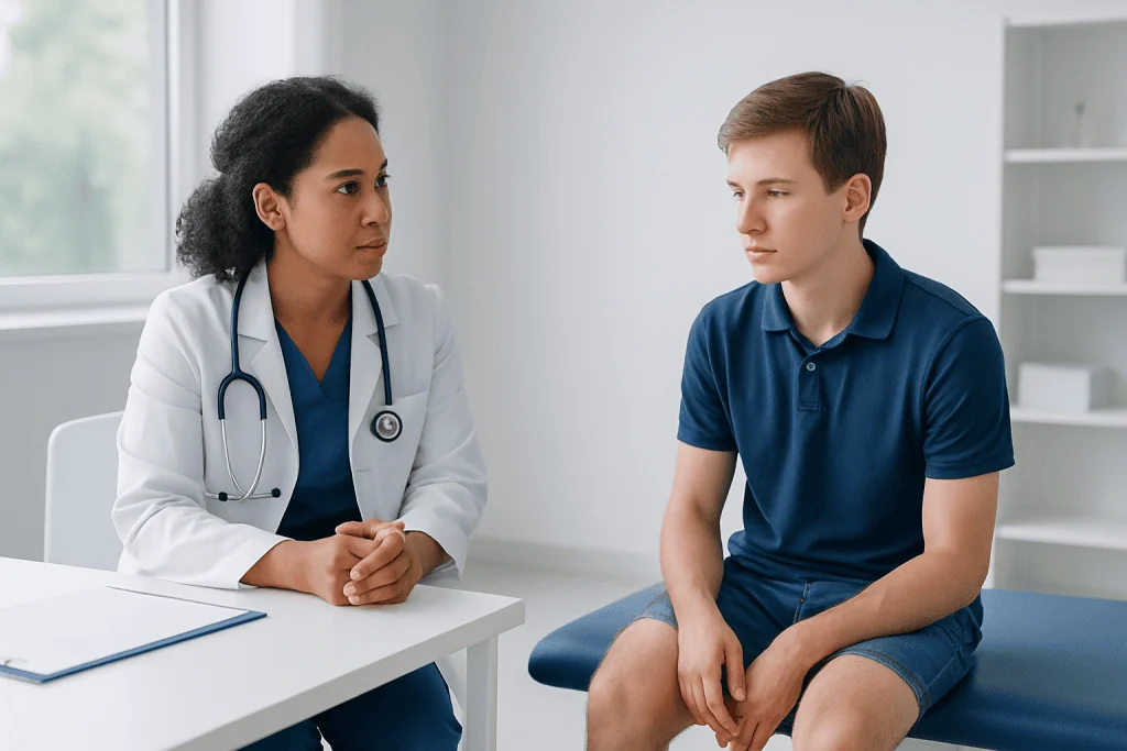 Doctor consulting with a young male patient in a medical office.