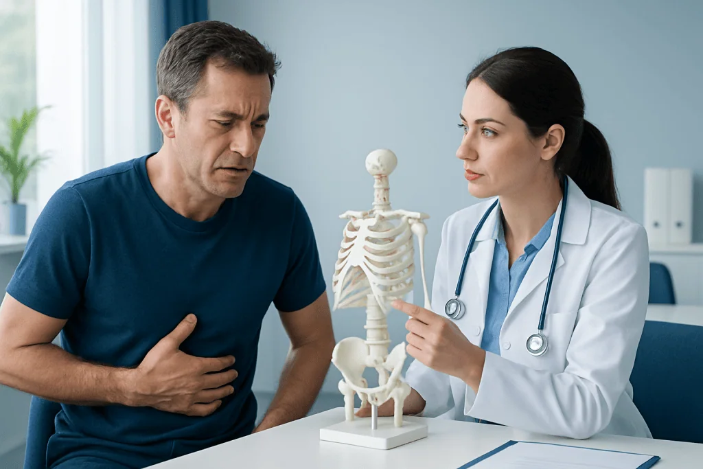 Doctor explaining rib injury to patient with skeleton model in clinic.