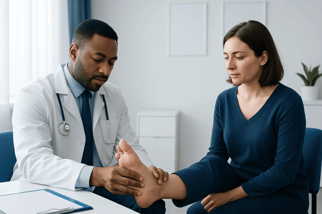 Doctor examining patient's foot in a medical consultation room.