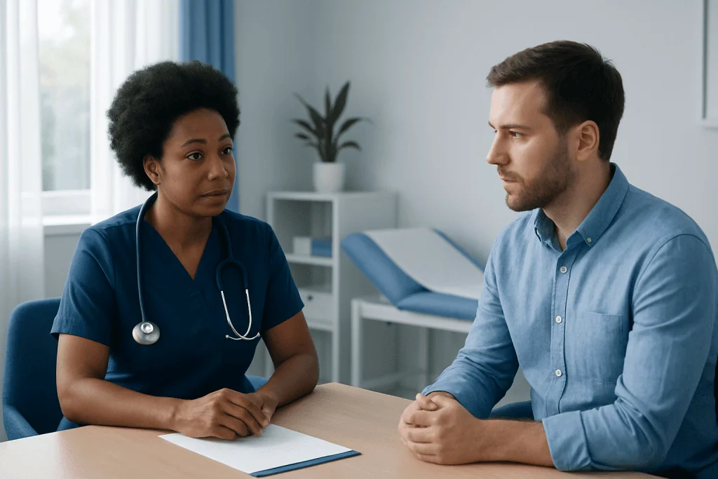 Doctor consulting patient in a modern hospital room.