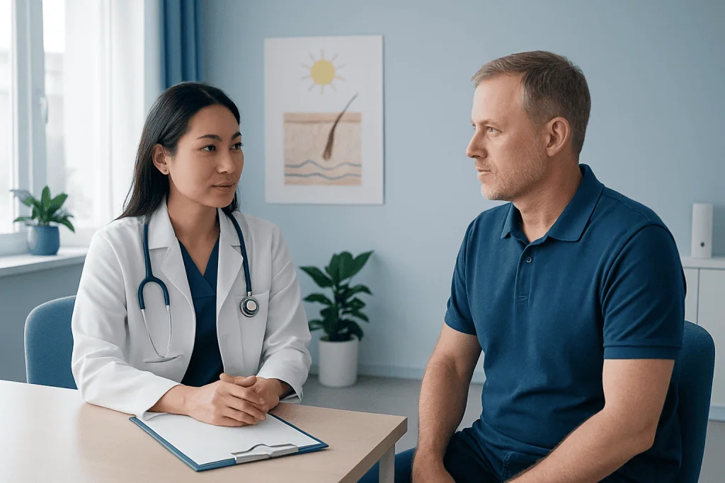 Doctor consulting with a patient in a modern medical office.