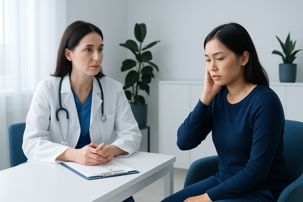 Doctor consulting a patient about ear health in a clinical setting.