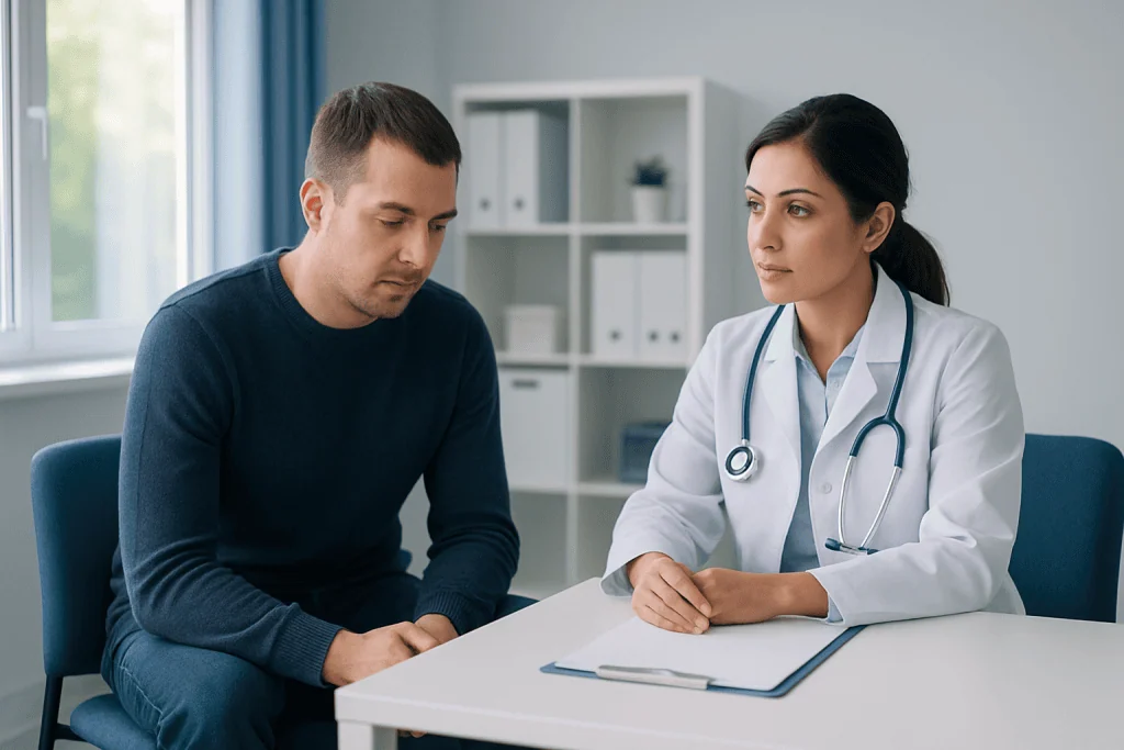 Doctor consulting with a male patient in a modern clinic setting.