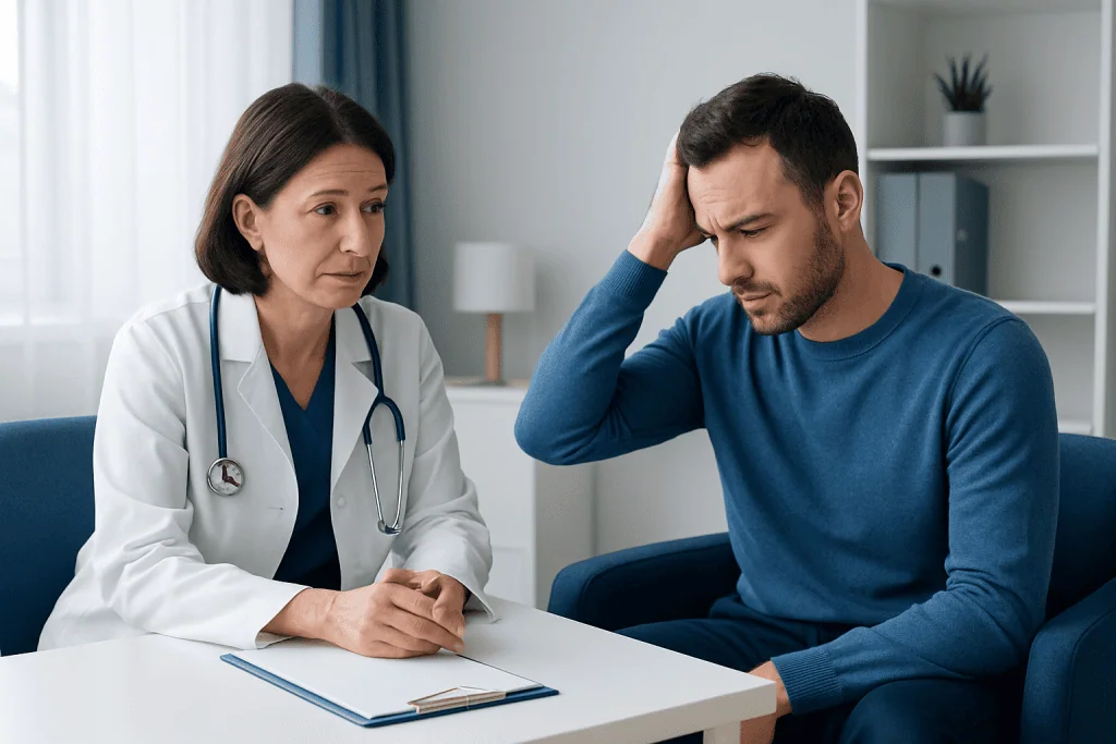 Doctor consulting a patient about skin issues in a clinic setting.