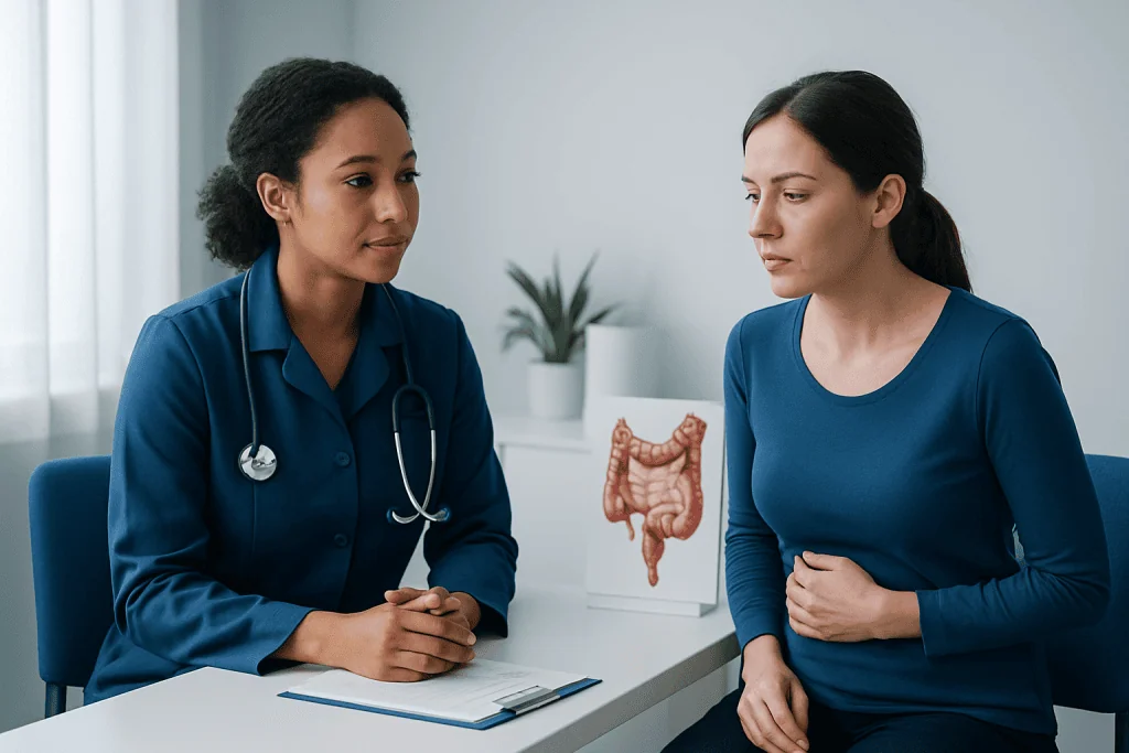 Doctor consulting patient about colon health and treatment options.