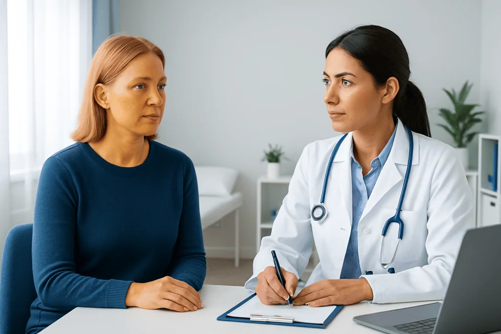Doctor consulting with a middle-aged woman in a medical office setting.