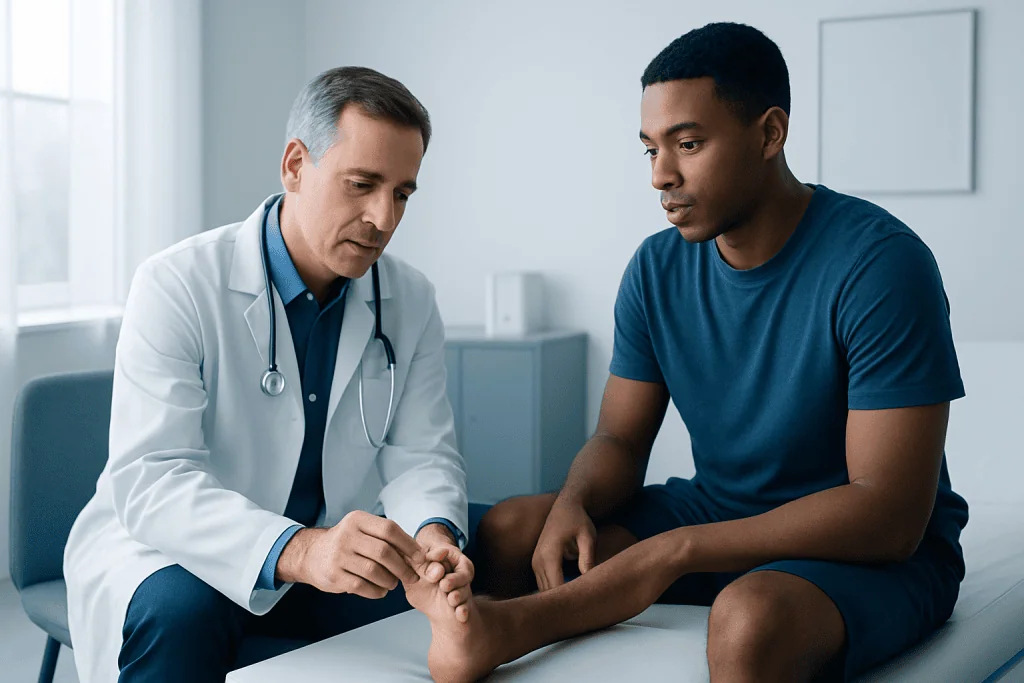 Doctor examining patient's foot in a clinical setting.