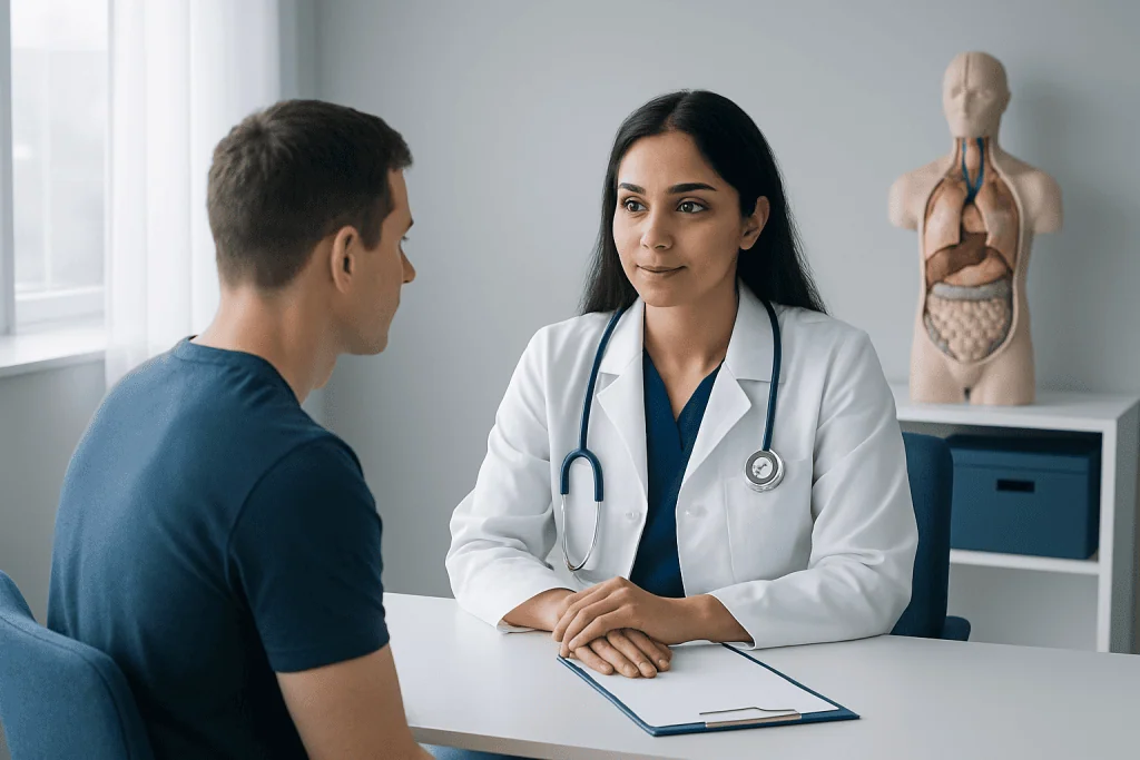 Doctor consulting with a male patient in a medical office with anatomical models in the background.