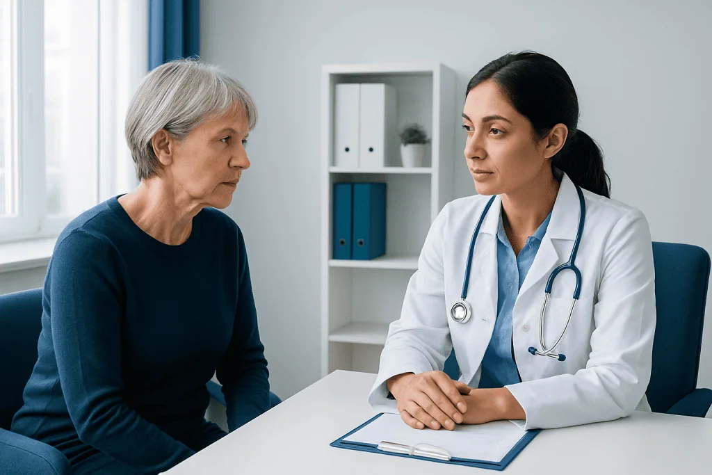 Doctor consulting with elderly patient in a medical office.