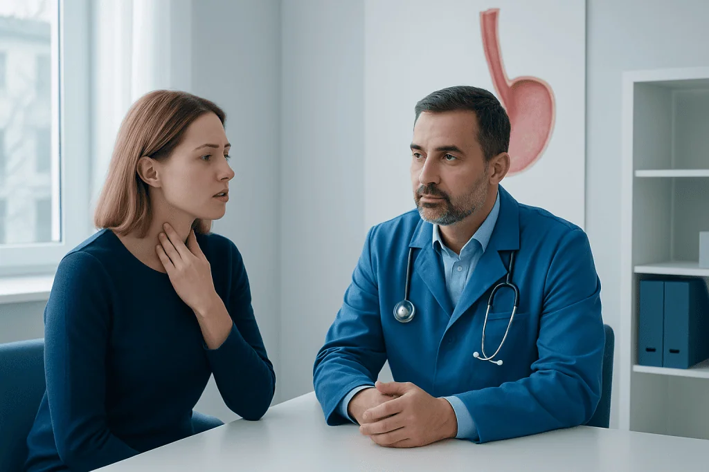 Doctor consulting with a patient about esophageal health in a medical office.