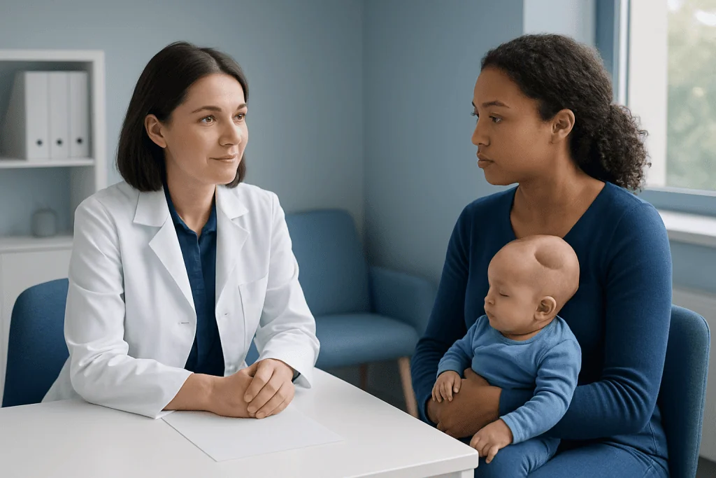 Doctor consulting with mother and baby in a medical office.