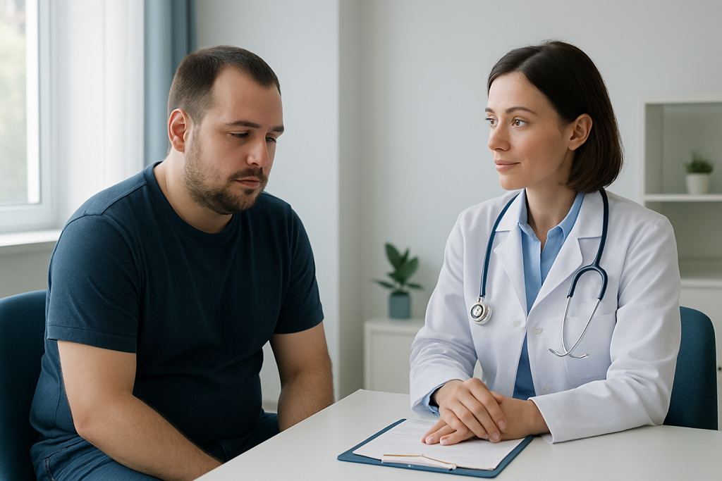 Doctor consulting with male patient in a medical office setting.