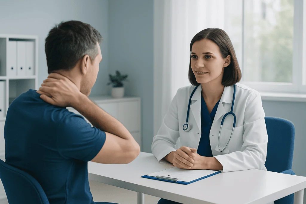 Doctor consulting with a patient about back and neck health.