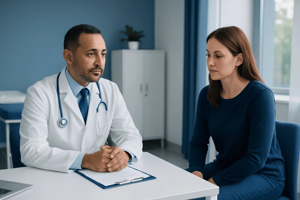 Doctor consulting with a female patient in a modern clinic setting.
