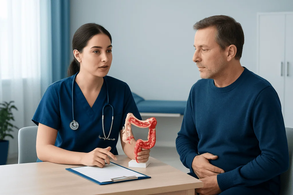 Doctor explaining colon anatomy to patient in consultation room.