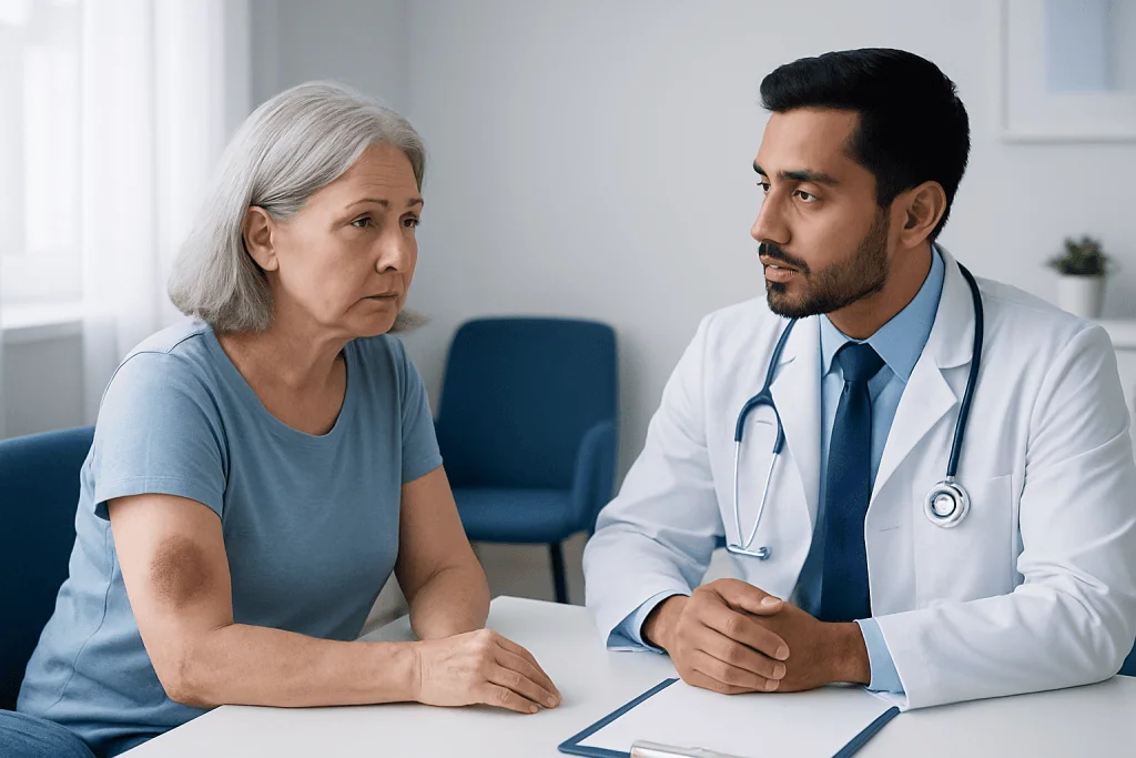 Doctor consulting with elderly woman about health concerns in clinic.