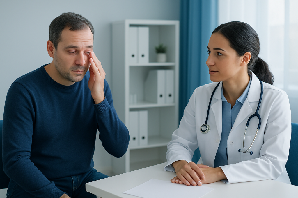 Doctor examining a patient with eye discomfort in a clinical setting.