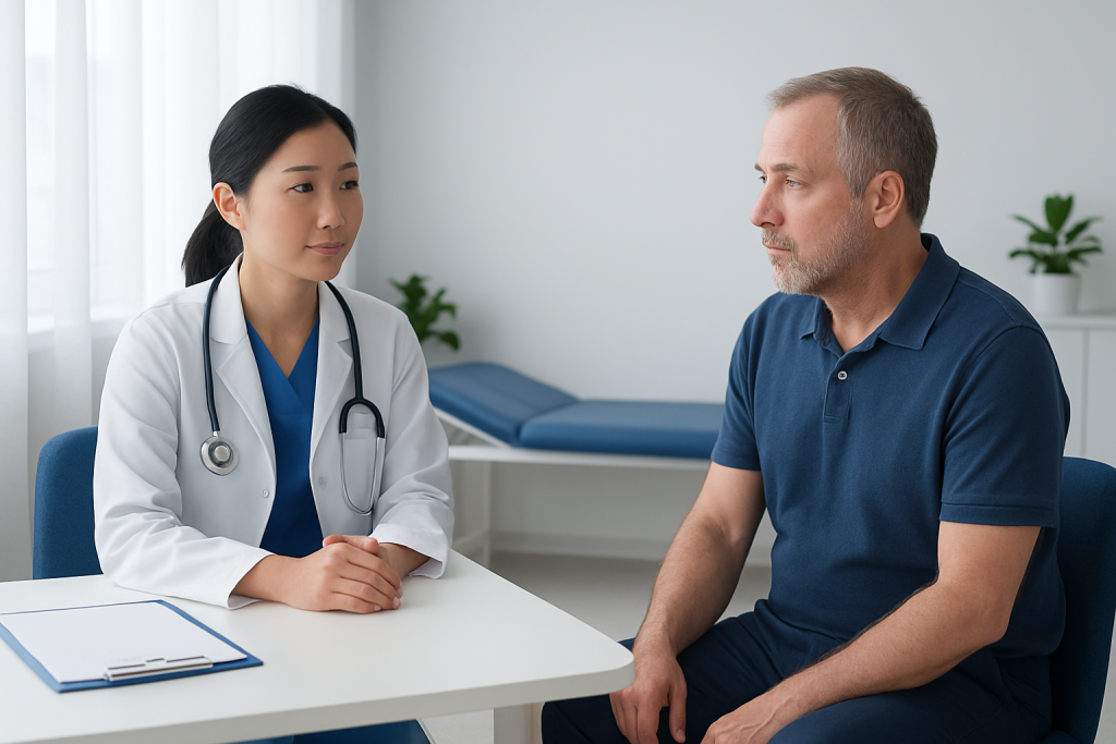 Doctor consulting with a middle-aged male patient in a medical office.