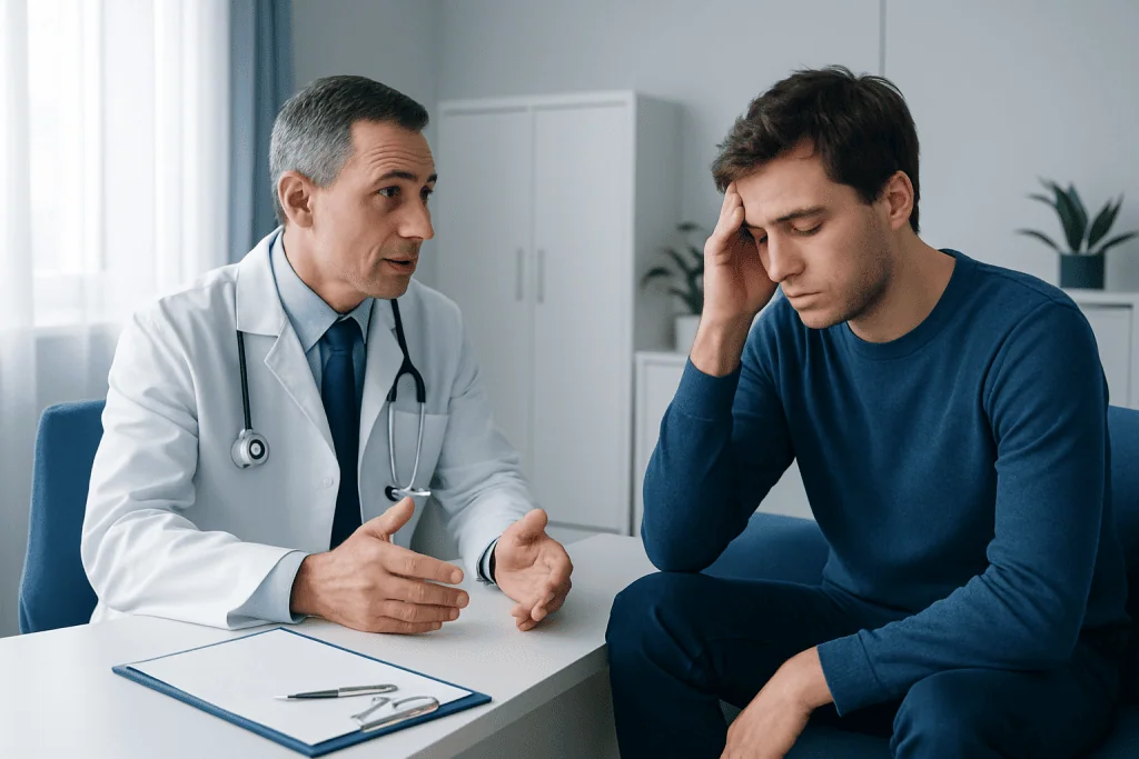 Doctor consulting with a young man about sleep issues in a medical office.