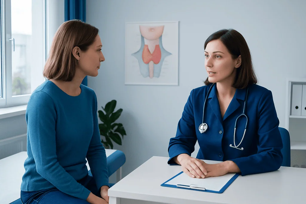 Doctor consulting patient about hypothyroidism symptoms and treatment options.