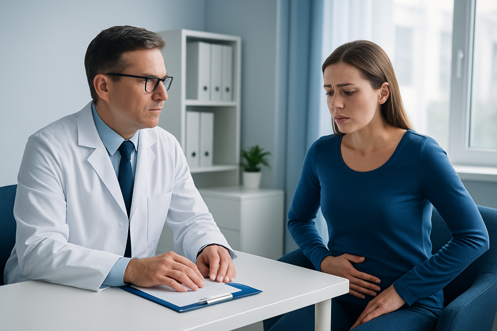 Doctor consulting with a woman patient in a medical office.