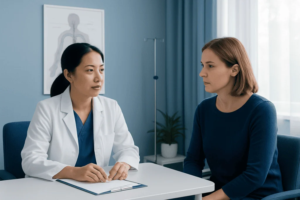 Doctor consulting with patient in a medical office setting.