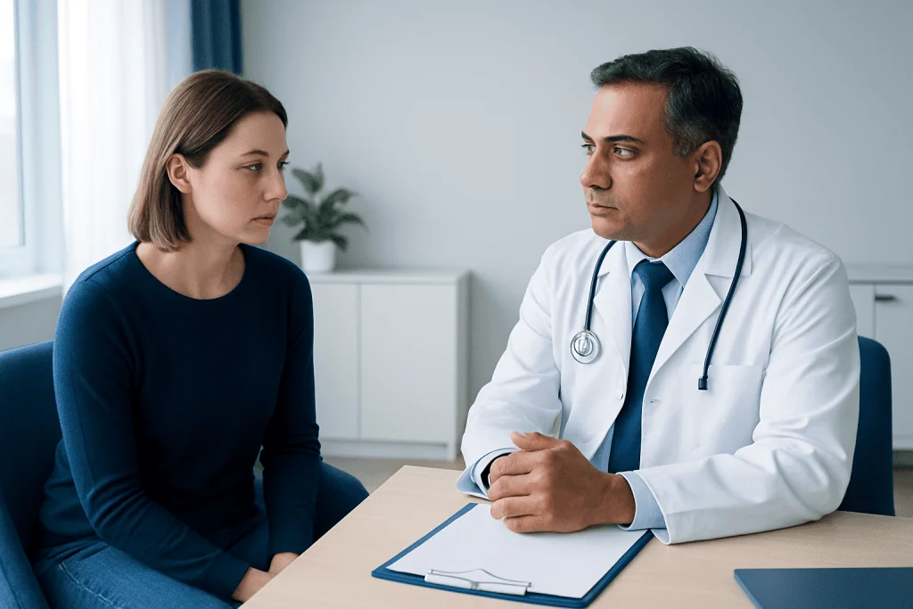 Doctor consulting with a young female patient in a medical office.