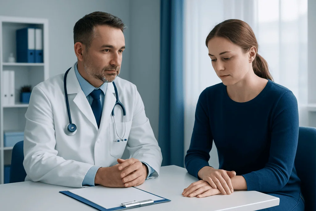 Doctor consulting with a young woman in a medical office setting.