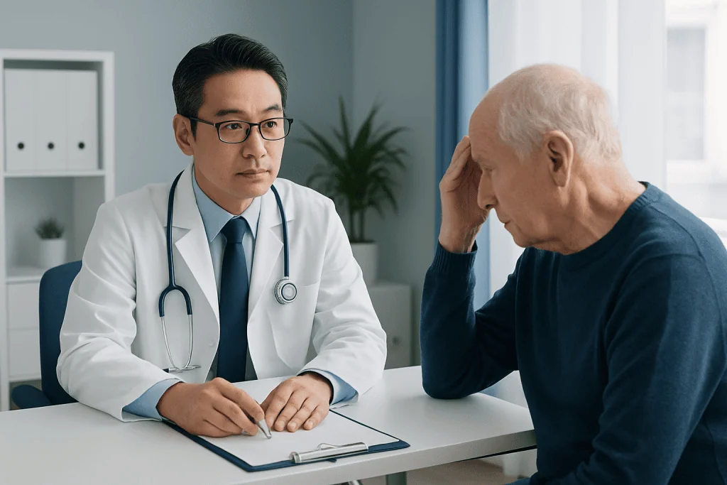 Doctor consulting with elderly patient about neurological health.