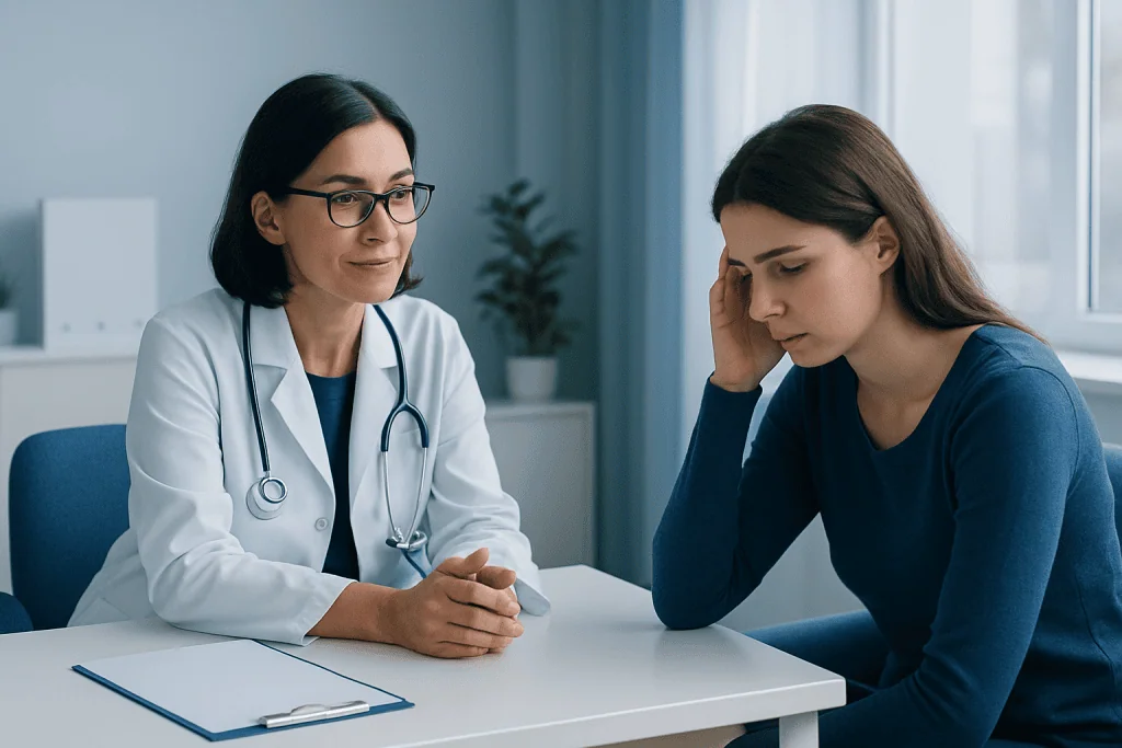 Doctor consulting with a young woman patient in a medical office.