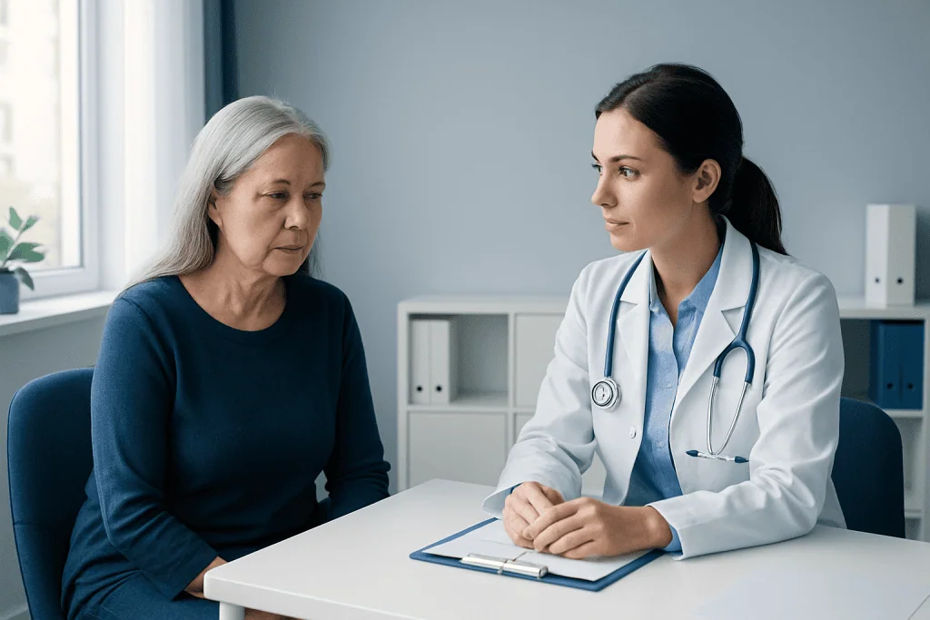 Doctor consulting with an elderly female patient in a medical office.