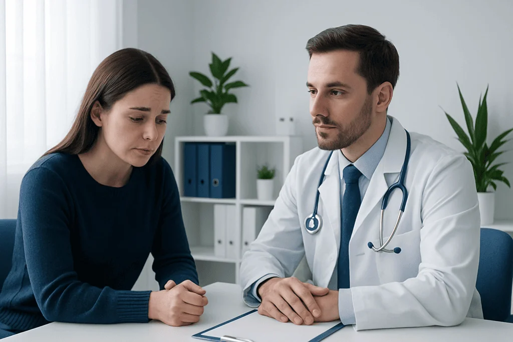 Doctor consulting with a female patient in a modern medical office.