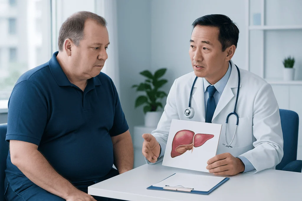 Doctor explaining liver health to patient with liver diagram.