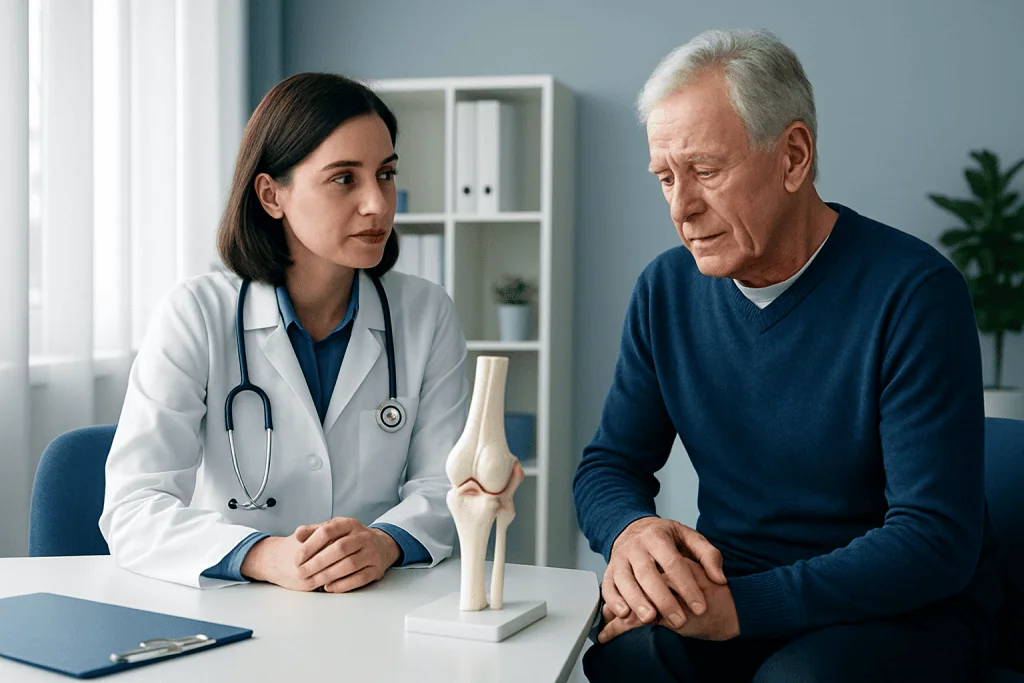 Doctor explaining knee joint issues to an elderly patient.
