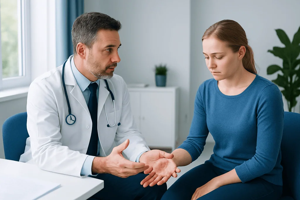 Doctor consulting with a patient about skin condition in a medical office.