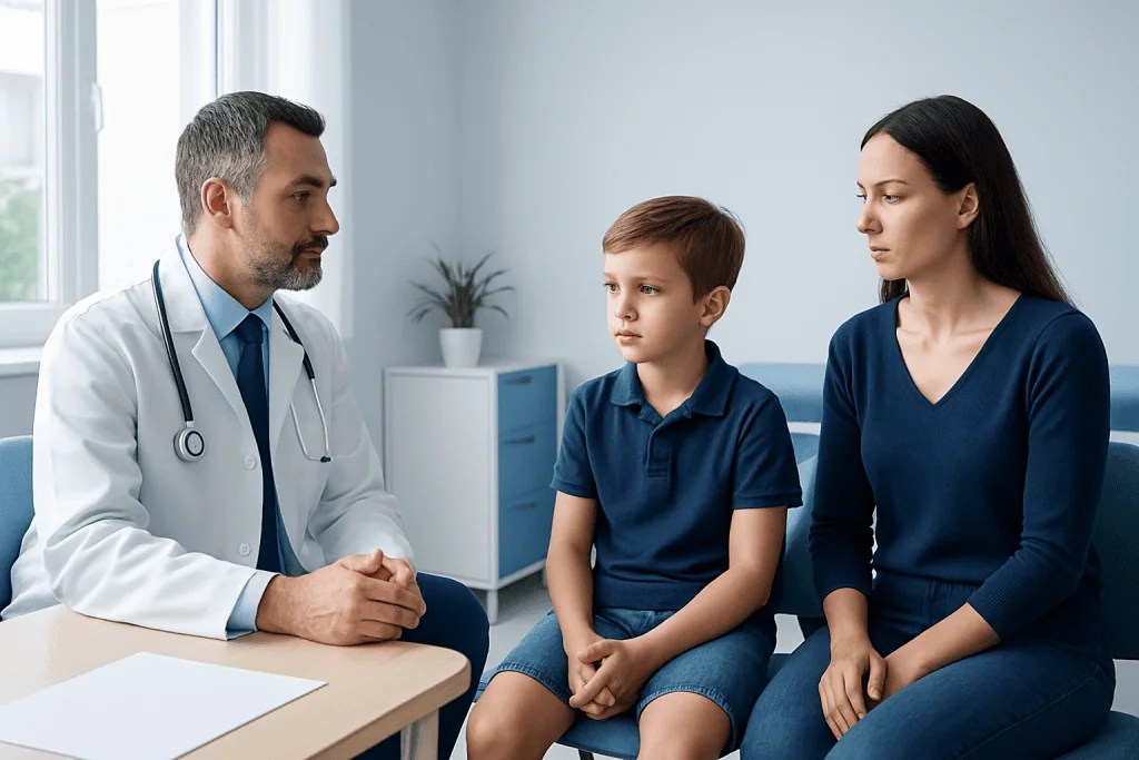 Doctor consulting with a boy and his mother in a medical office.